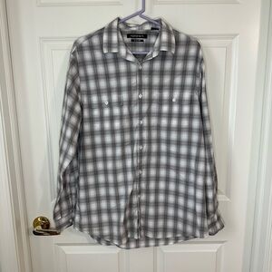 Mens Grey and White Plaid Button Down Size L